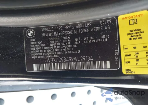 2009 BMW X3 xDrive30I z USA, uszkodzony, nr VIN WBXPC93499WJ29134